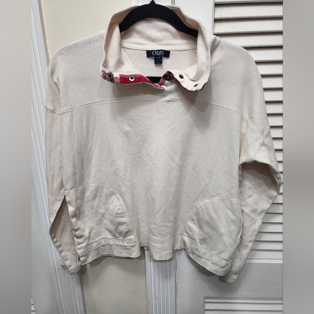 CHAPS Denim Cream Snap Collar Pullover Sweatshirt Coastal Preppy Plaid Trim L